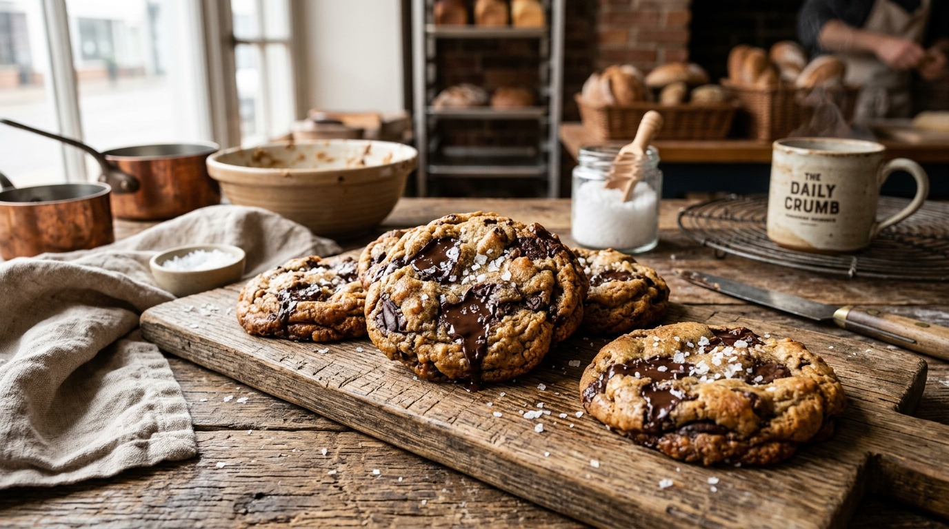Etta's chocolate chunk cookies on a wooden board, baked fresh in Atlanta